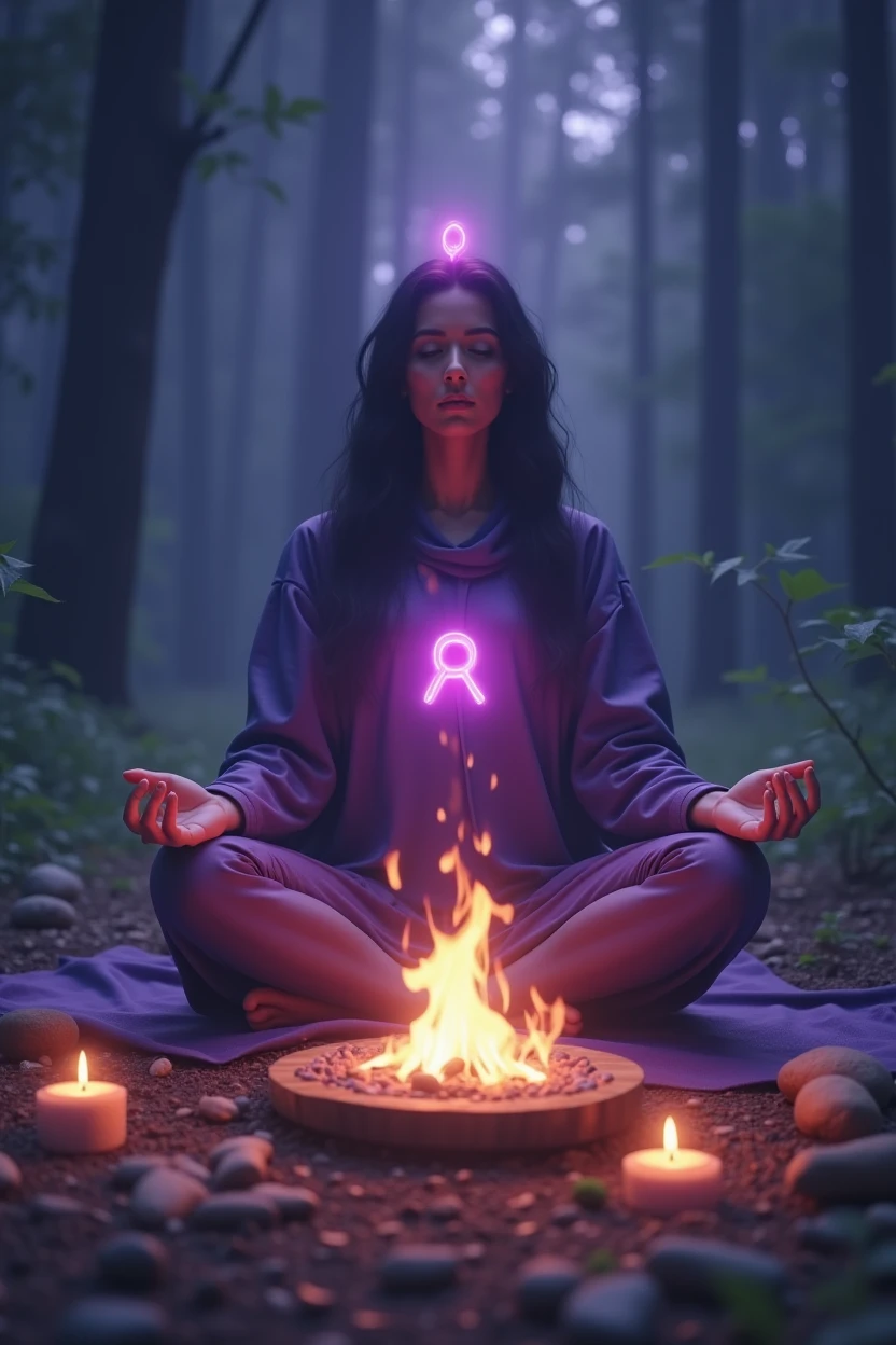 Movie Characters in Meditation, Surrounded by natural elements, violet bonfire, incense and illuminated symbols, Convey the concept of depth, self-awareness reflection