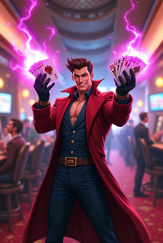 Animated Gambit with his playing cards in a casino