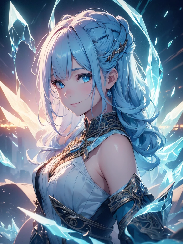 (((best quality, sharp image, clear image, cinematic lighting, 8k resolution, masterpiece, ultra detailed, intricate))) Girl, sorcerer, cute, intricate dress, braided hair, smiling, Ice blue, ((intricate background)), (rune frame), dimension, sideview