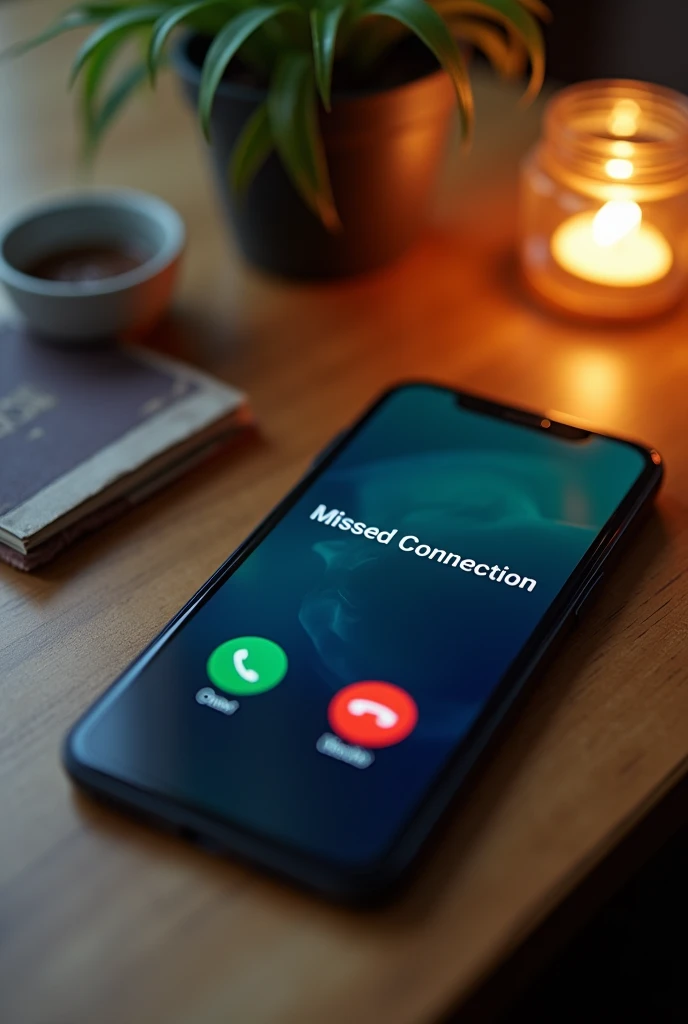 a cell phone on a table, reporting a missed call, on the cell phone screen written "Missed Connection"