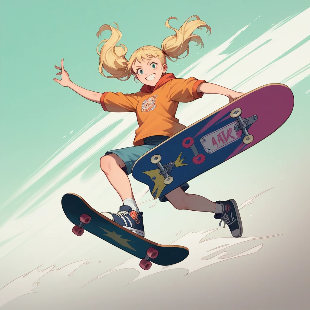 Masterpiece, top quality, highly detailed, extremely detailed, ultra realistic, anime style illustration with bold brush strokes. Cinematic lighting, girl skateboarding, she is doing a somersault, dynamic pose, blonde twin tails, smiling face, motion blur, skateboard bank in the background.