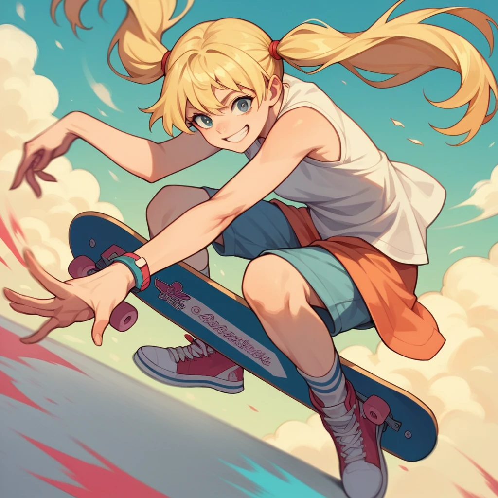 Masterpiece, top quality, highly detailed, extremely detailed, ultra realistic, anime style illustration with bold brush strokes. Cinematic lighting, girl skateboarding, she is doing a somersault, dynamic pose, blonde twin tails, smiling face, motion blur, skateboard bank in the background.