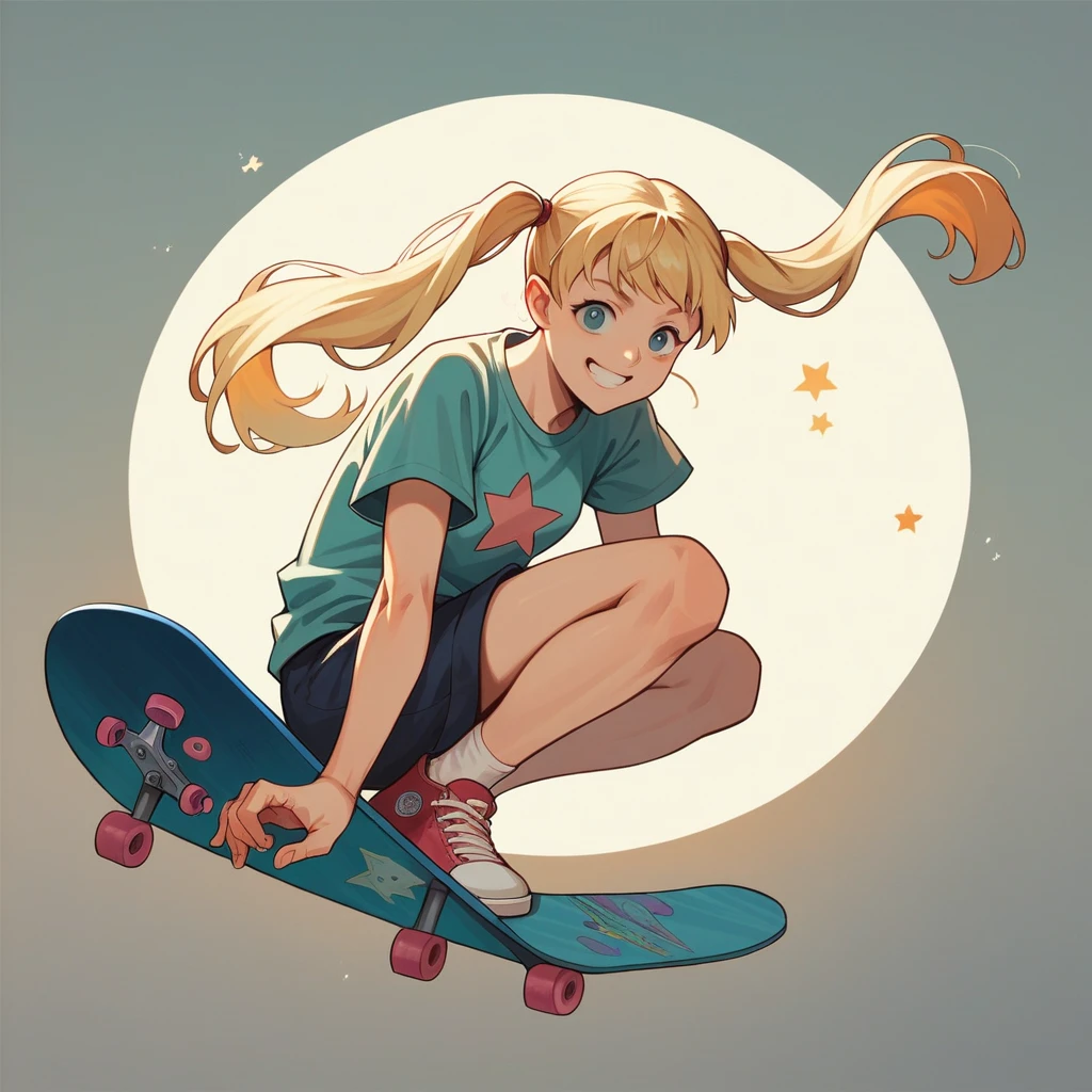 Masterpiece, top quality, highly detailed, extremely detailed, ultra realistic, anime style illustration with bold brush strokes. Cinematic lighting, girl skateboarding, she is doing a somersault, dynamic pose, blonde twin tails, smiling face, motion blur, skateboard bank in the background.