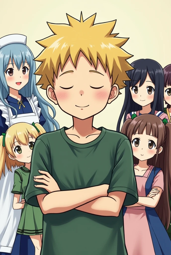 Blond boy with a face without feelings with his arms crossed and at his sides a maid with long light blue hair, a nurse with long wavy blue hair, a teacher with short blue hair, another teacher with short pale yellow hair, a human-sized blonde fairy wearing a green dress, a schoolgirl with long dark purple hair, a maid with two pigtails and brown hair, and a schoolgirl with straight black hair