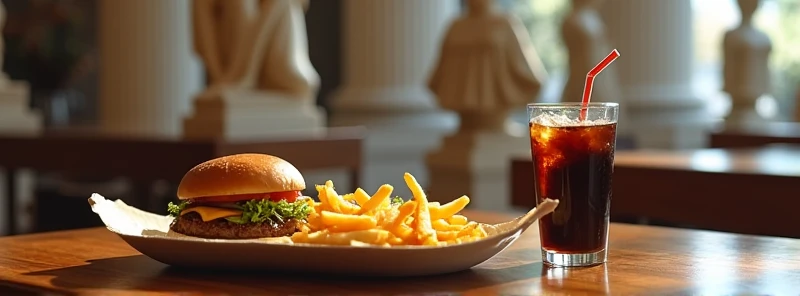 1 table with a tray of French fries, hamburger, and a dark soda with a straw on the right corner of the table, background with the theme of Greek mythology Mount Olympus, statues of greek goddesses and gods in the background