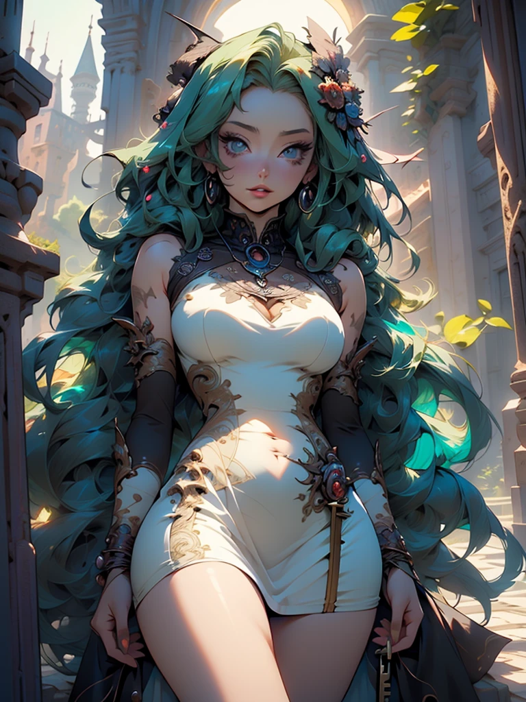 Beautiful anime goddess with long green hair, wearing a short dress, breasts, anime key look, moon, intricate, hips, highly detailed, wide hips, breathtaking beauty, large breasts, vibrant and sharp focus, illustration, Dark, Ethereal, fantasy, details, style, gothic, melacholy, allusive
