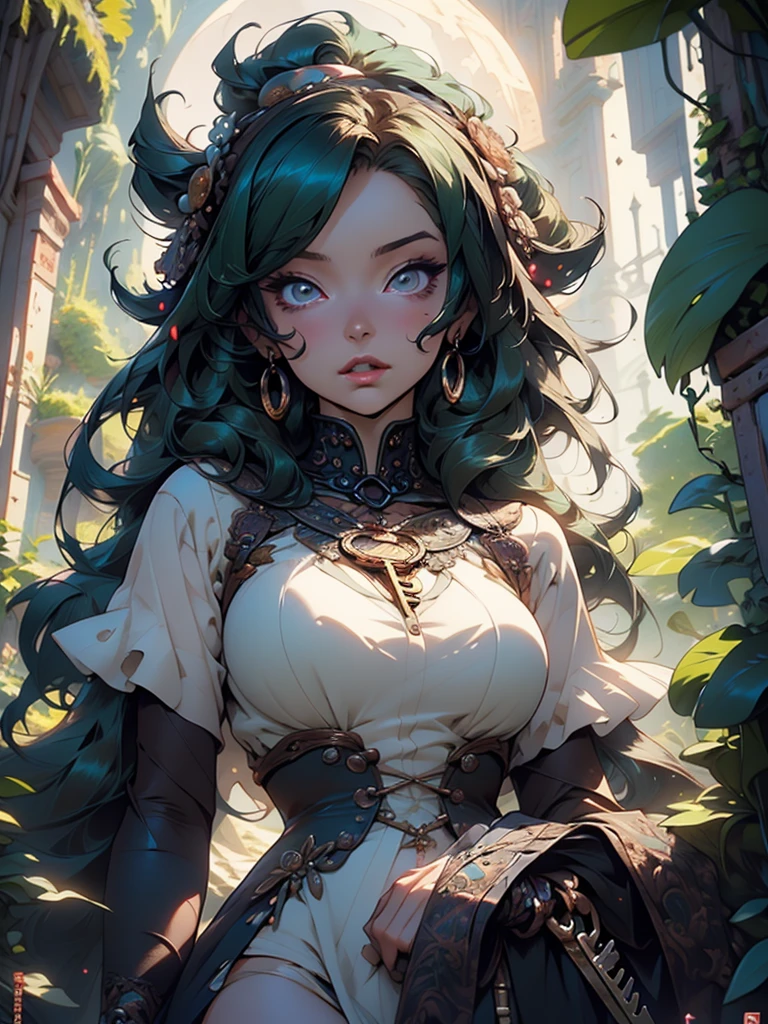 Beautiful anime goddess with long green hair, wearing a short dress, breasts, anime key look, moon, intricate, hips, highly detailed, wide hips, breathtaking beauty, large breasts, vibrant and sharp focus, illustration, Dark, Ethereal, fantasy, details, style, gothic, melacholy, allusive
