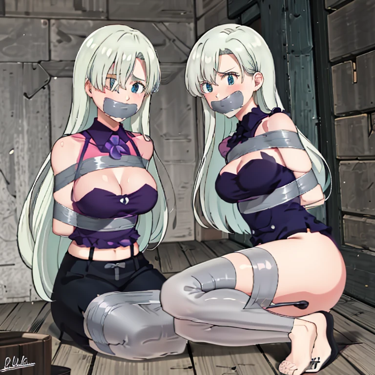 in an abandoned building, tied arms behind back, legs bent and tied with grey tape, detailed eyes, mouth closed with grey adhesive tape, closed legs, long white hair, una chica, cuerpo completo y detallado