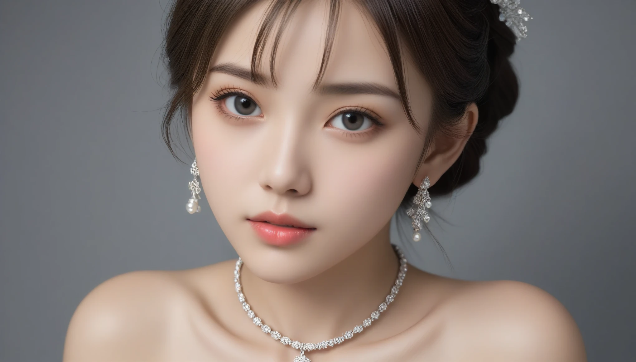 8k, Ultra-high resolution, Highest quality, masterpiece, 三分割法によるphotograph,Surreal, photograph, 1 Girl, (:1.3), pretty girl, Cute Face, 細部までBeautiful Eyes, 細かくdetailedに,masterpiece,One Girl:1.2,Japan Female Teachers,cowboy shot,Serious expression,Black short hair,hair bun,Super Beautiful Girl 4,((1 girl:1.4)),Shine, Natural skin texture、(Stylish clothes:1.4)、(The highest rank of ceremonial attire:1.4)、Attractive girl、16 years oldmale body:1.4)、(女の子のポートレートphotograph:1.4Photorealistic images:1.4),Fantasy art,(Beautiful Face:1.4),Beautiful and attractive eyes、Beautiful Eyes、(Tight waist:1.4)、(9 Beautiful girls with perfect body proportions:1.4),Red lips,(choker:1.4、necklace:1.4、Earrings:1.4),Looking at the audience,(((Ideal body type))),A-cup small breasts :2,、Portraiture:2、Perfect Anatomy、鮮明なdetailed、detailed,Fashion magazine cover,Thin lips,Gray background ,完璧でBeautiful Face ,完璧でCute Face, Skin with attention to detail, Perfect limbs、Narrow waist,Looking at the audience,(((Ideal body type))),A cup small breasts :2,Portraiture:2,Perfect Anatomy,鮮明なdetailed,detailed,Surreal,Light and shadow,spotlight