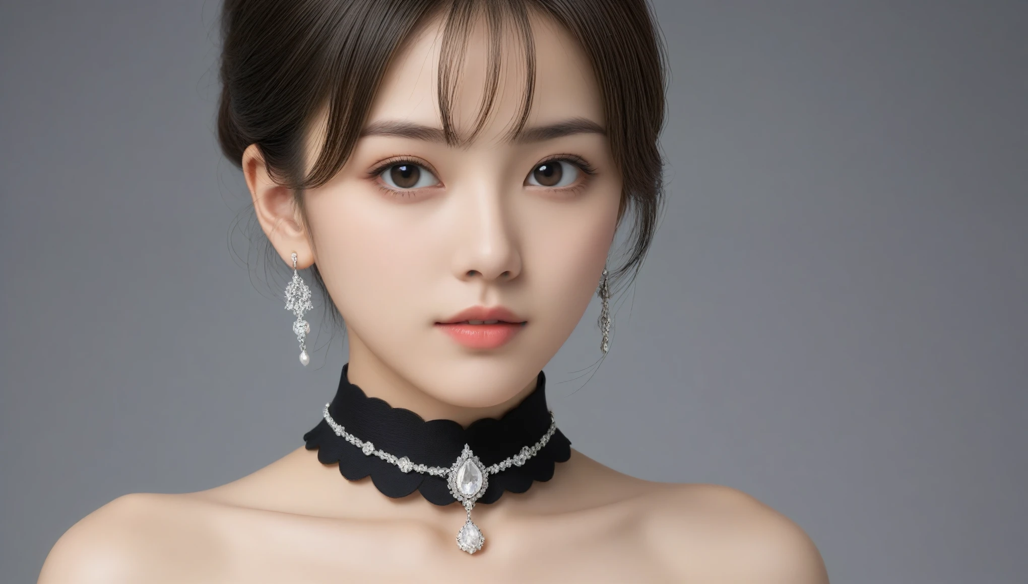 8k, Ultra-high resolution, Highest quality, masterpiece, 三分割法によるphotograph,Surreal, photograph, 1 Girl, (16 years old:1.3), pretty girl, Cute Face, 細部までBeautiful Eyes, 細かくdetailedに,masterpiece,One Girl:1.2,Japan Female Teachers,cowboy shot,Serious expression,Black short hair,hair bun,Super Beautiful Girl 4,((1 girl:1.4)),Shine, Natural skin texture、(Stylish clothes:1.4)、(The highest rank of ceremonial attire:1.4)、Attractive girl、16 years old、(Perfect female body:1.4)、(女の子のポートレートphotograph:1.4)、(Photorealistic images:1.4),Fantasy art,(Beautiful Face:1.4),Beautiful and attractive eyes、Beautiful Eyes、(Tight waist:1.4)、(9 Beautiful girls with perfect body proportions:1.4),Red lips,(choker:1.4、necklace:1.4、Earrings:1.4),Looking at the audience,(((Ideal body type))),A-cup small breasts :2,、Portraiture:2、Perfect Anatomy、鮮明なdetailed、detailed,Fashion magazine cover,Thin lips,Gray background ,完璧でBeautiful Face ,完璧でCute Face, Skin with attention to detail, Perfect limbs、Narrow waist,Looking at the audience,(((Ideal body type))),A cup small breasts :2,Portraiture:2,Perfect Anatomy,鮮明なdetailed,detailed,Surreal,Light and shadow,spotlight