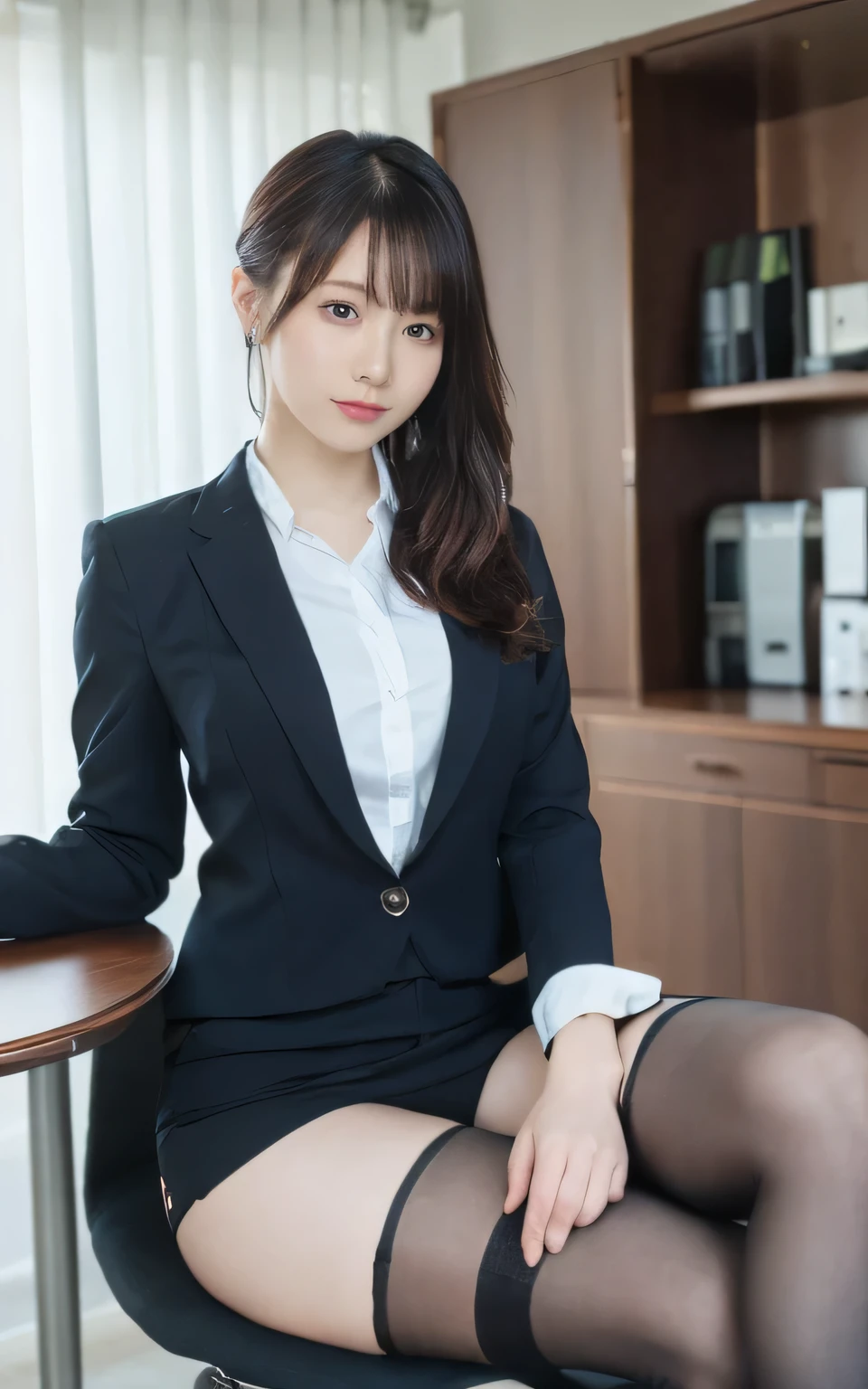 ((highest quality.8K、
masterpiece:1.3))、sharp:1.2、
perfect body beauty:1.4、 Slim
abs:1.2、((layered hairstyles、
huge :1.2))、company employee、Sit on a chair、Wear black tights、skirt、suit、office、Office Lady、office worker、Spread your legs、black underwear