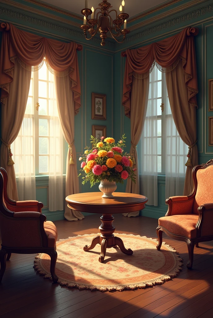 Victorian room with curtains, wooden floor and a round table with a vase of flowers on top to the right of the center of the image