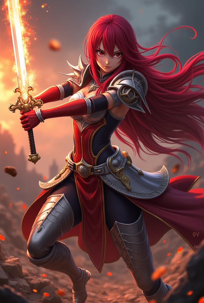 (Erza Scarlet:1.4), (Fairy Tail anime style:1.4), (masterpiece:1.4, best quality), (((photo realistic:1.4))), fierce and determined expression, dynamic battle pose, wearing her iconic armor with intricate details, (armor glowing with magical energy:1.2), long, flowing scarlet hair, holding a massive sword with a beautifully decorated hilt, (sharp and intense gaze:1.2), (powerful aura surrounding her:1.2), (background of a battlefield with rubble and flames:1.2), (dramatic lighting with strong contrasts:1.2), vibrant colors, rich textures, highly detailed armor and weapon, (dynamic composition with movement and energy:1.2), (deep reds:1.2), (metallic silver:1.2), high-quality and detailed, (epic and powerful atmosphere:1.2), captivating and commanding presence, perfect image quality, iconic and recognizable, strong sense of action and intensity

