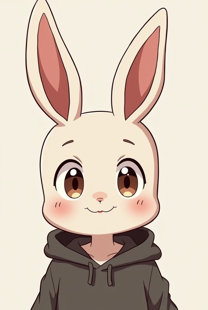 The face of a cartoon boy wearing a hoodie. He has a rabbit head, his eyes are wide and he is smiling and his shape is cute. I make him sway his head a little and he looks a little like an anime and he looks like a Pokemon. His arms sway a little and just look at his face.