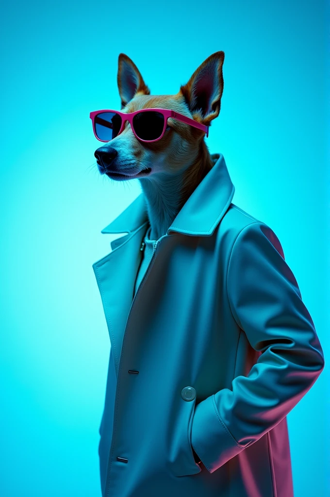 The best cell phone wallpaper, Award-Winning Wallpaper, portrait photography, In the front view is a portrait of a cute dog wearing mid-1960s space age fashion, Side view photo, Shot with Canon EOS R5, Set a strong contrast that accentuates the subject, Fluorescent blue tone, Wearing a very modern coat and sunglasses is a modern 1960s style, Clothes all in one color, beautiful background