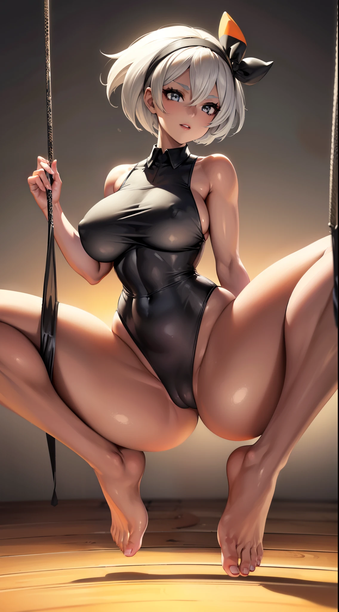 ((Bea pokemon)), (Masterpiece:1.2, top quality), realistic, fine details, depth of field), ((1girl:1.2)), parted lips, gorgeous and perfect face with elaborate details, (skin tone), tanned skin, thick thighs, (wide hips)), average waist, (((short white hairs))), headband, beautiful gray eyes, staring at viewer, confident smile, toned body, (((skin tight black sleeveless shirt))), bare arms, large breasts, (((bare legs))), bare feet, bare thighs, ((side boob:1.1))), dim lighting,Lying on ring swing, (highlights in eyes)(written eyes)(protruding nipples)(spread legs))), simple background, white background,,((Big Tits)),