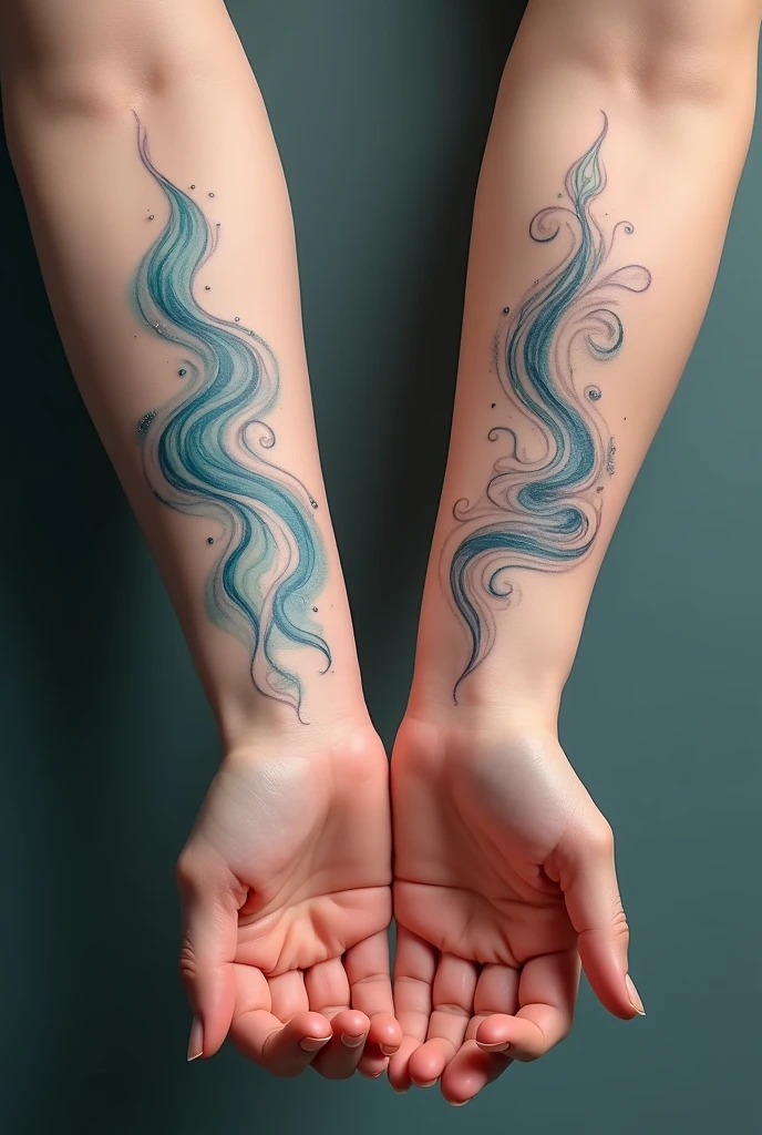 Create 2 small animated tattoos that can be done on the forearm near the wrist for a heterosexual couple where she is the water element and he is the air element. 