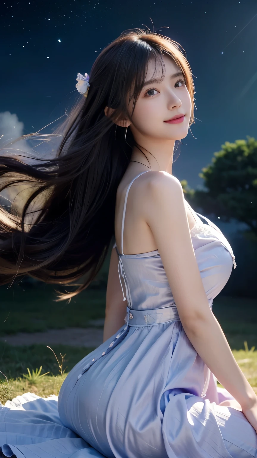 (logo、masterpiece、8k、Tabletop、RAW Photos、wonderful、最high quality、フォトリアルでVery detailedなCG合成8k壁紙、high quality、Very detailed、Narrative poem、Particle Effects、Dynamic Effects、Depth of the Boundary) What is written is、Cinematic Light、Lens flare、Ray Tracing)、Fantasy、(Purple Dress)、(night、night空、Starry Sky、full moon)、(Girl looking up at the sky)、sit、cute、Japanese style、(smile)、Long Hair、Strong winds、(Hair blowing in the wind)、(White Dress)、Natural light、moonlight、(Horizontal photography)、(breast enhancement)、(Low position)、(Low - Angle)