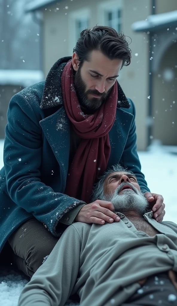 a 21-year-old young rich man with a small beard and big mustache wearing a very lush bluish pent coat and a red muffler, outside the mansion boundary, sitting and looking down sorrowfully at the lifeless body of An extremely poor 70-year-old man with black oil marks on his dirty face and unmaintained beard, hair and nails are very dirty wearing a torn plain single grey shirt that barely covers his body, young man having hands on the poor old man’s body with regret crying heavily. Snow is still falling around them.