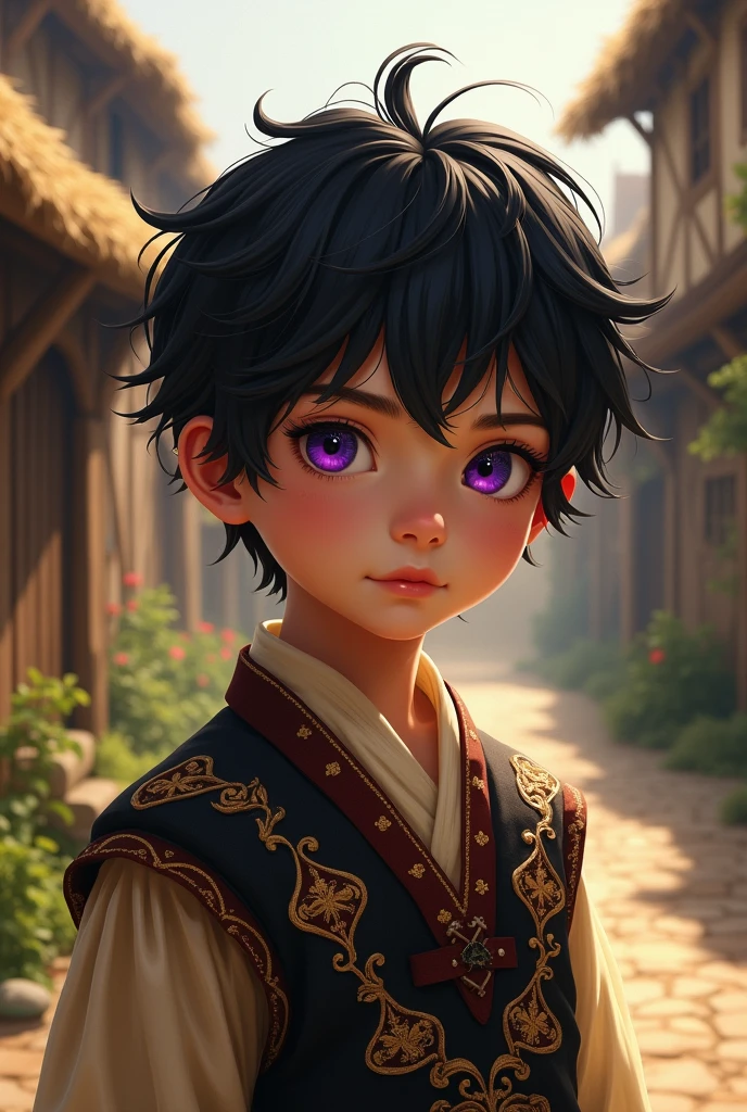 a male child, with black hair and violet eyes, dressed in medieval era clothing.