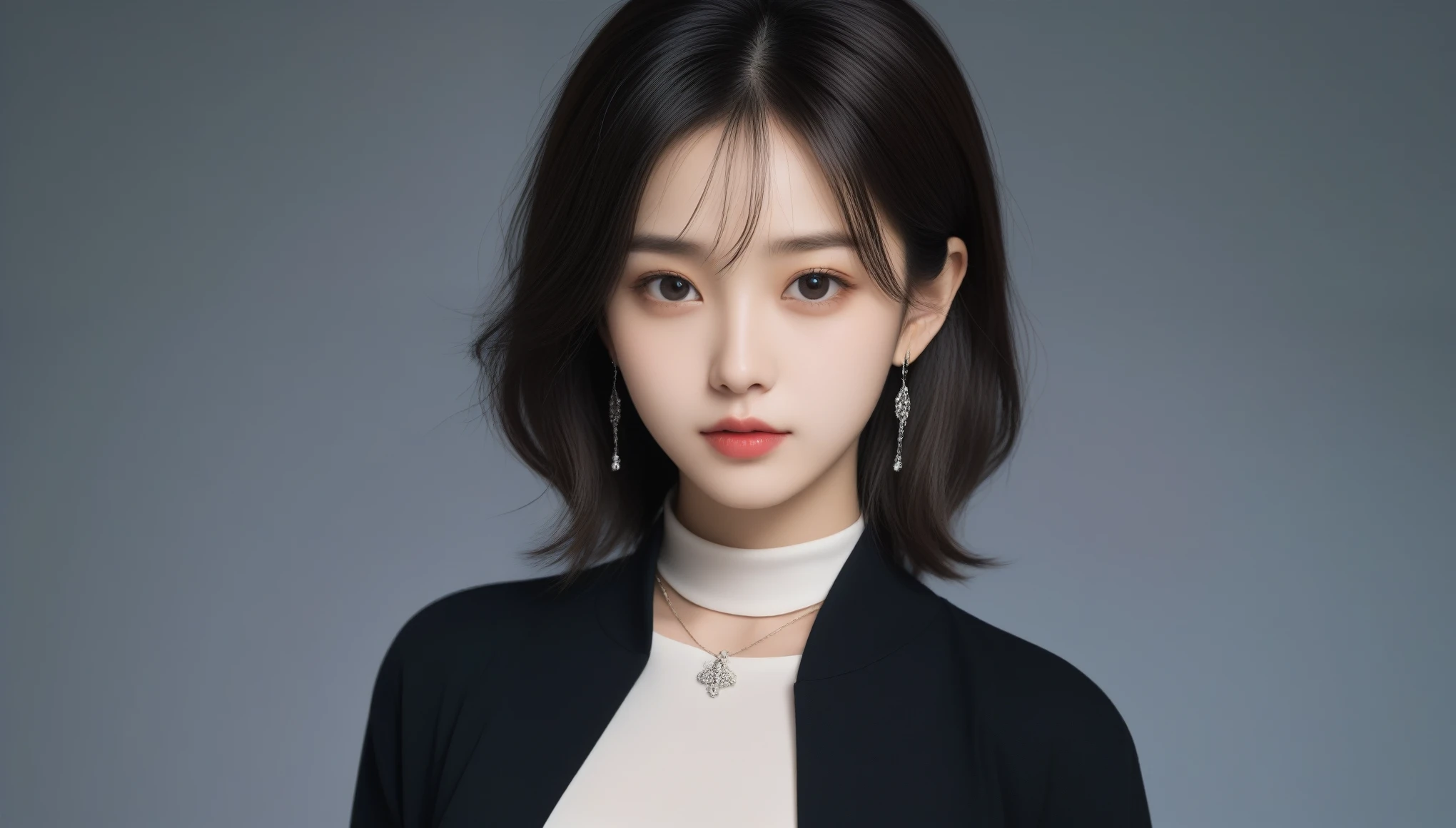 8k, Ultra-high resolution, Highest quality, masterpiece, 三分割法によるphotograph,Surreal, photograph, 1 Girl, (:1.3), pretty girl, Cute Face, 細部までBeautiful Eyes, 細かくdetailedに,masterpiece,One Girl:1.2,Japan Female Teachers,cowboy shot,Serious expression,Black short hair,hair bun,Super Beautiful Girl 4,((1 girl:1.4)),Shine, Natural skin texture、(Stylish clothes:1.4)、(The highest rank of ceremonial attire:1.4)、Attractive girl、16 years oldmale body:1.4)、(女の子のポートレートphotograph:1.4Photorealistic images:1.4),Fantasy art,(Beautiful Face:1.4),Beautiful and attractive eyes、Beautiful Eyes、(Tight waist:1.4)、(9 Beautiful girls with perfect body proportions:1.4),Red lips,(choker:1.4、necklace:1.4、Earrings:1.4),Looking at the audience,(((Ideal body type))),A-cup small breasts :2,、Portraiture:2、Perfect Anatomy、鮮明なdetailed、detailed,Fashion magazine cover,Thin lips,Gray background ,完璧でBeautiful Face ,完璧でCute Face, Skin with attention to detail, Perfect limbs、Narrow waist,Looking at the audience,(((Ideal body type))),A cup small breasts :2,Portraiture:2,Perfect Anatomy,鮮明なdetailed,detailed,Surreal,Light and shadow,spotlight