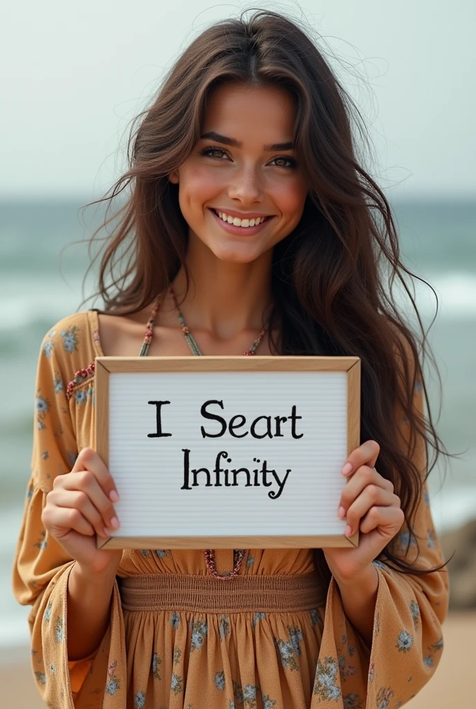 Beautiful girl with wavy long hair, bohemian dress, holding a white board with text "I Love Seaart Infinity" and showing it to the viewer