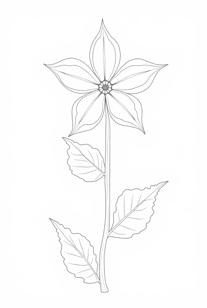 Create a detailed line art of an eggplant flower for a coloring page. The flower should have five star-shaped petals, slightly rounded at the tips, and arranged symmetrically around a central stamen. The petals should be slightly curved with visible veins extending from the center. The stamen in the middle should be clearly defined, with a small round pistil surrounded by slender filaments.The leaves should be broad and oval-shaped, with slightly wavy or scalloped edges and prominent veins. Draw two or three leaves attached to a thick, slightly curved stem, with each leaf having a distinct midrib and branching veins. The overall design should be clear, with clean, bold lines to make it suitable for coloring