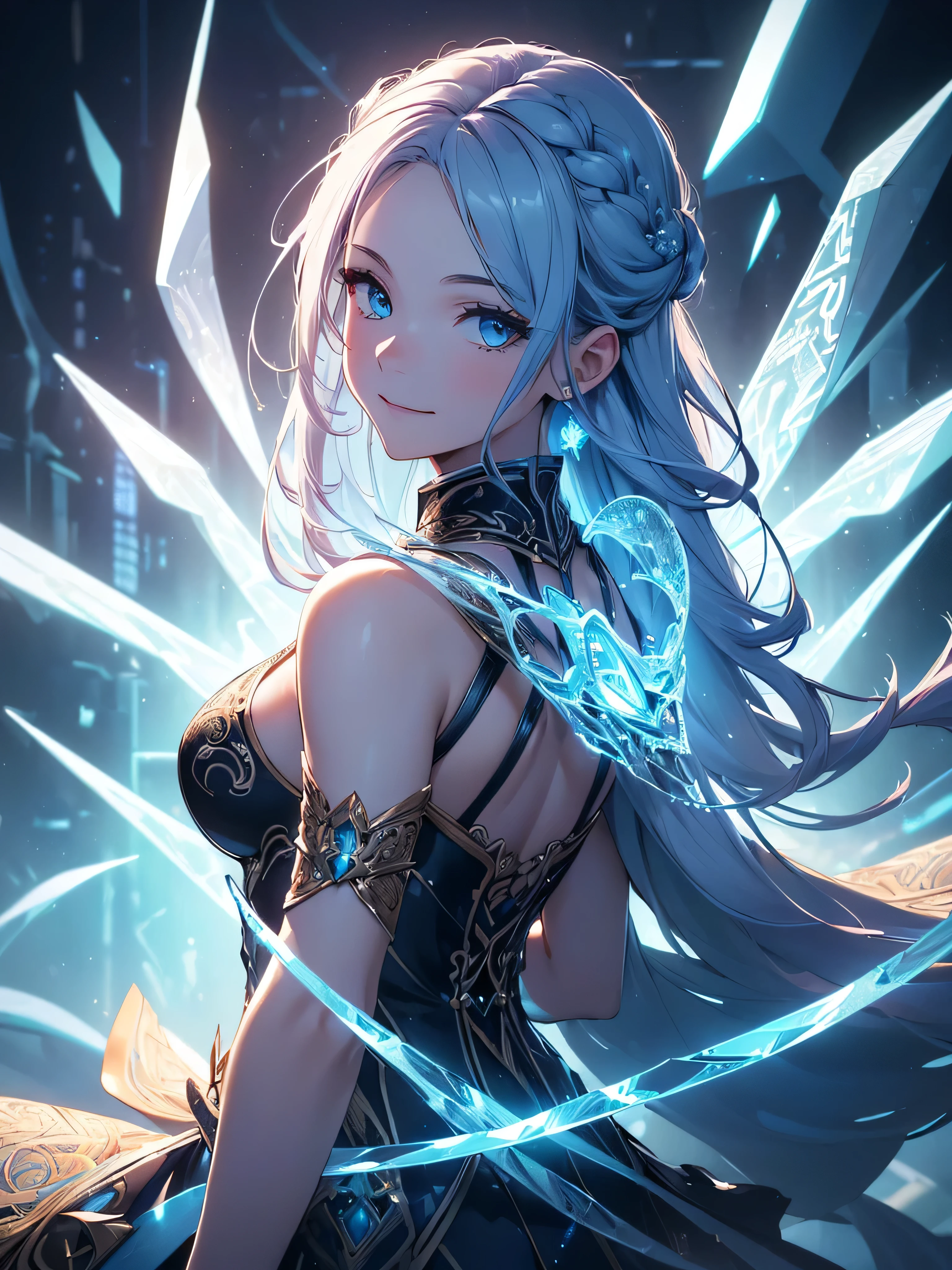 (((best quality, sharp image, clear image, cinematic lighting, 8k resolution, masterpiece, ultra detailed, intricate))) Girl, sorcerer, cute, intricate dress, braided hair, smiling, Ice blue, ((intricate background)), (rune frame), dimension, sideview