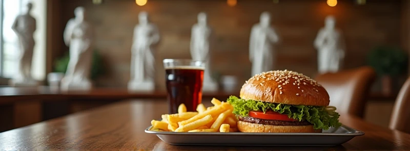 1 table with a tray of French fries,  hamburger, and a dark soda, background with the theme of Greek mythology Mount Olympus, full body statues of Greek goddesses and gods in the background
