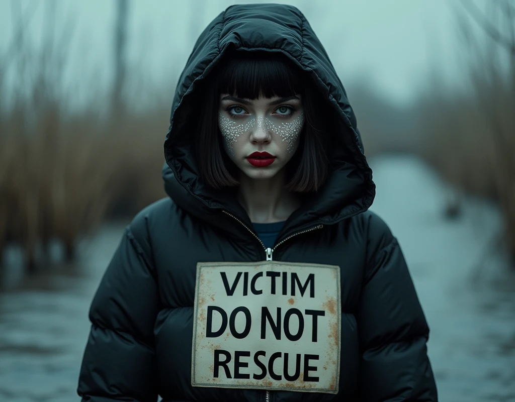 woman, bib "VICTIM 0069 DO NOT RESCUE", moncler ultra-short sporty down jacket,, flared jeans, stuck in bog,pale ethnic patterns ritual makeup, cold, red lips, sexy posing, bob haircut