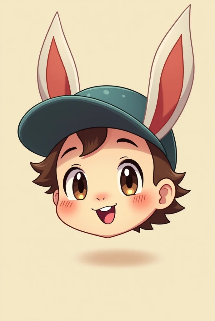  Cartoon boy face wearing a hat has a rabbit ear, wide eyes, smiling and looks cute, make him sway his head a little, looks a little like anime and looks like pokemon, make him sway a little and just look at his face