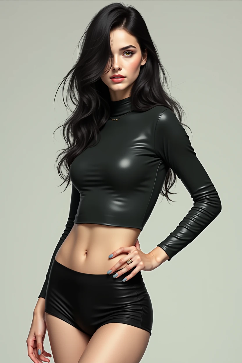 Woman black hair mini skirt