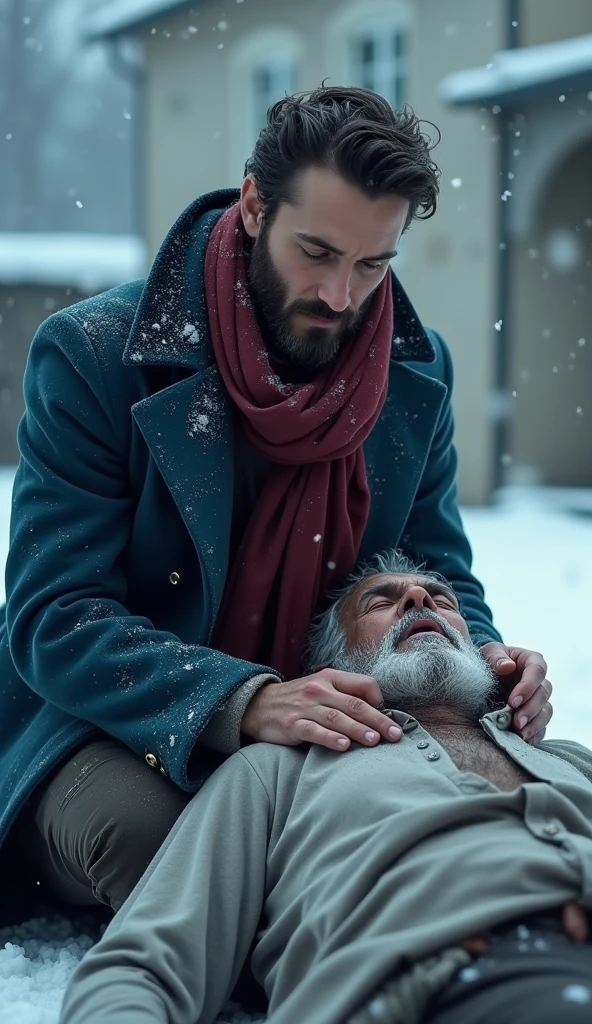 a 21-year-old young rich man with a small beard and big mustache wearing a very lush bluish pent coat and a red muffler, outside the mansion boundary, sitting and looking down sorrowfully at the lifeless body of An extremely poor 70-year-old man with black oil marks on his dirty face and unmaintained beard, hair and nails are very dirty wearing a torn plain single grey shirt that barely covers his body, young man having hands on the poor old man’s body with regret crying heavily with tears coming out. Snow is still falling around them.