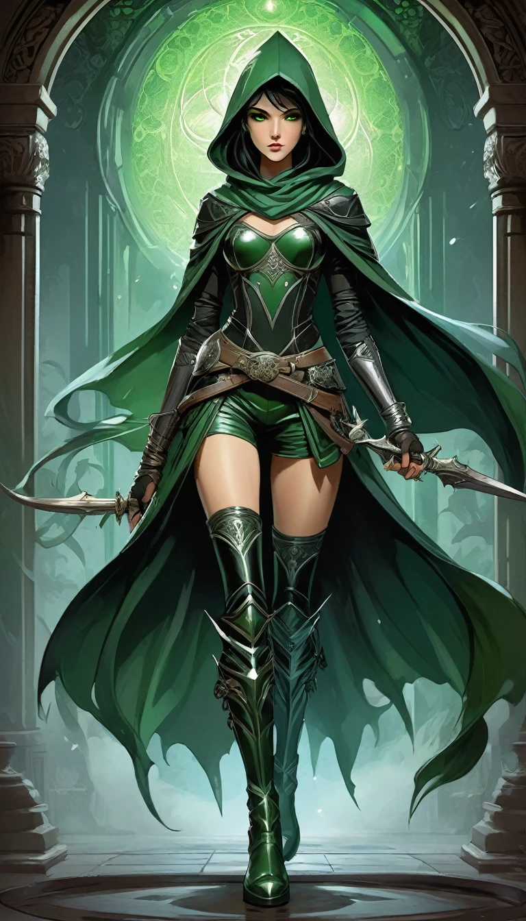 mysterious border, light skinned desi young adult woman, she is wearing rogue armor with the hood taken off, she is wearing metallic boots, she has short black straight hair parted to a side, she has green eyes, no makeup, she is holding a black colored dagger, she is standing in front of an eclipse with a background of darkness and black smoke, good anatomy, dynamic pose, good proportions, modern style, vector, highly detailed, intricate, masterpiece, realistic, professional, Dark Fantasy, d&d,(centered), (well framed), vector-art, gradient color, detailed, realistic, professional art masterpiece, (Art Nouveau), Illustration by Alphonse Mucha, (vector-art:1.1) Negative prompt