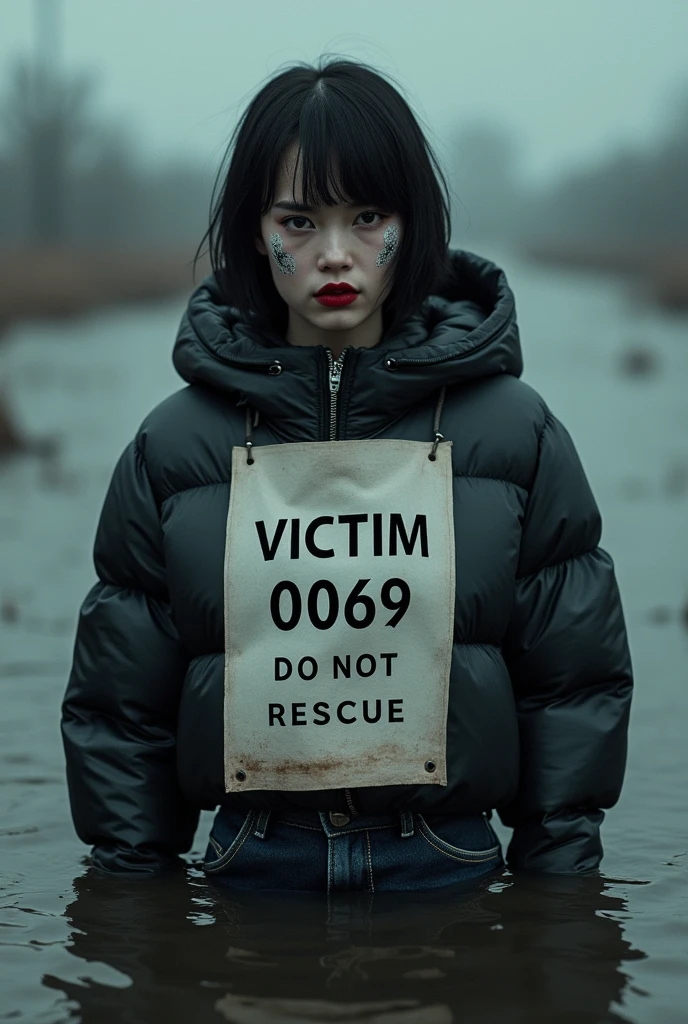 woman, bib "VICTIM 0069 DO NOT RESCUE", moncler ultra-short sporty down jacket,, flared jeans, stuck in bog,pale ethnic patterns ritual makeup, cold, red lips, sexy posing, bob haircut