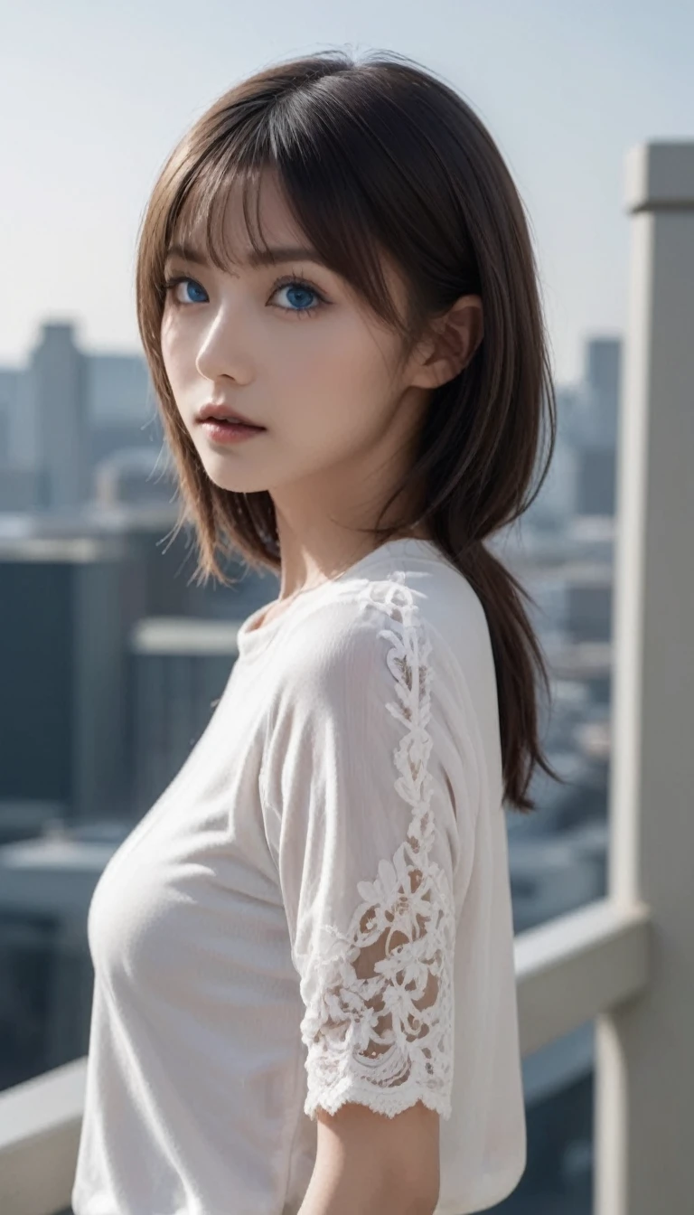 (beautiful detailed eyeballs:2),(Carefully describe the eyes:2),(cowboy shot:1.6),(from behind:2),(lace white clothes,black short Skirt with braided sides:1.6),(japan lady standing in a futuristic city at night:1.8),kur1, The fair-skinned idol, solo, alone, (high definition, masterpiece, high quality:2), (high resolution:2) , (4K,8k:2),(RAW-photo ,photo-realistic:2),(Clear contours:2),(Supermodel body:1.8),(Straight hair:1.4),(Beautiful Detailed Eyelashes),(super detailed eyes:1.6),(black eyeliner:1.2),(super detailed face:1.3),((Straight hair)), ((looking at viewer)),((Take pictures without cutting the head)),((medium breasts)) ,((beautiful breasts))