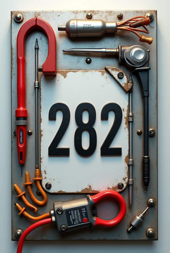 nameplate, with ex tools.: chave phillips, wires and clamp meter and the one with number 282 in the center of the plate