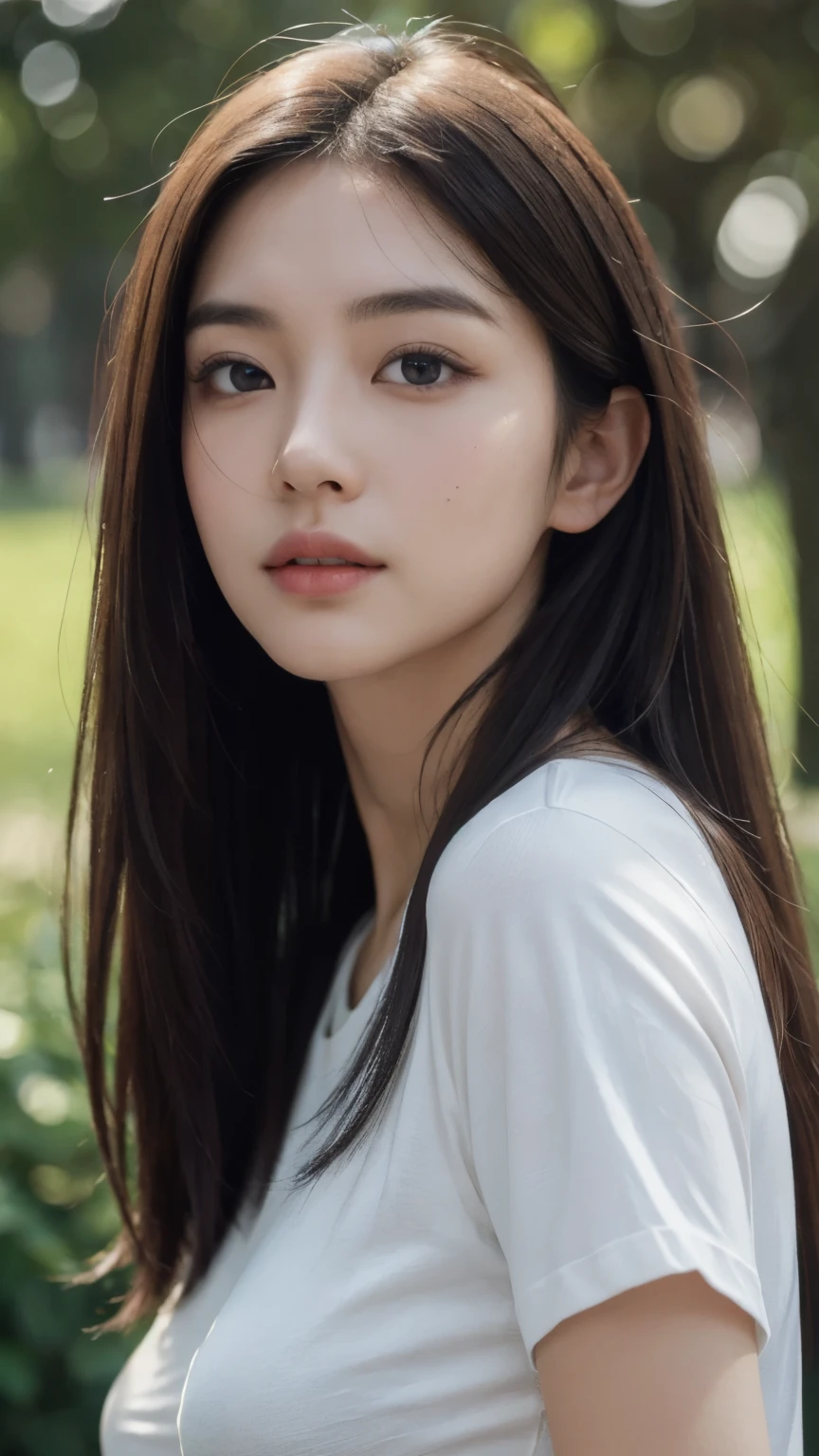 Best quality, masterpiece, realistic, ultra detail, Improving quality, portrait photo of a korean girl, big eyes, plump lips, ultra-textured facial skin , long hair, natural beauty, (photo realistic:1.4), (hyper realistic:1.4), (realistic:1.3), (Smoother lighting:1.05), (improve the quality of cinematic lighting:0.9), 32K, realistic lighting, Backlight, Ray tracing, (bright light:1.2), (Improving quality:1.4), highly detailed eyes, finely detailed face, good quality eyes, (sexy impression), standing and looking flat into the camera, face close up, t-shirts, (Improve your body line mood:1.1), (Enhance the beauty of skin texture:1.1) Information