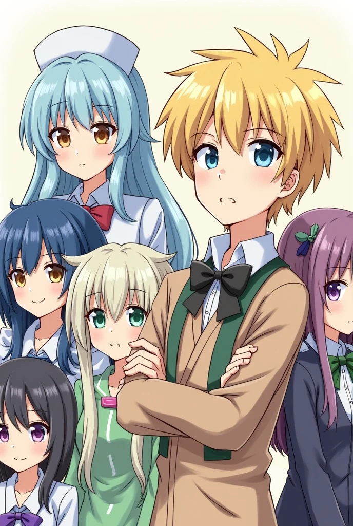 Blond boy with a serious face with his arms crossed next to eight girls: a maid with long light blue hair, a nurse with long wavy blue hair, a teacher with short blue hair, another teacher with short pale yellow hair, a human-sized blonde fairy wearing a green dress, a schoolgirl with long dark purple hair, a maid with two pigtails and brown hair, and a schoolgirl with straight black hair