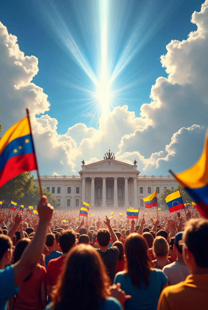 Venezuelans celebrating that Venezuela is free with God in the clouds, in front of the miraflores palace