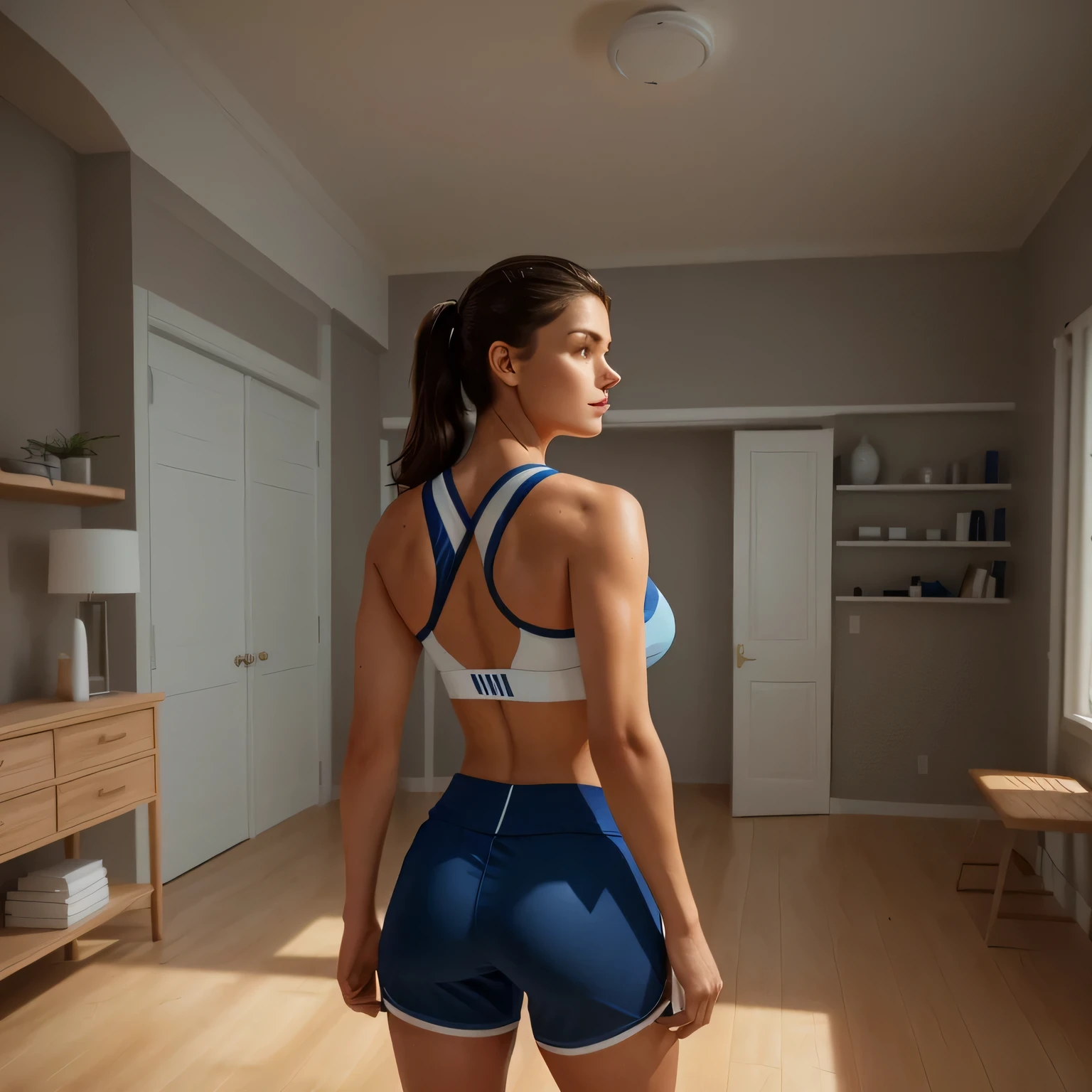 there is a woman in a sports bra top and shorts standing in a room, sport bra and dark blue shorts, sport bra and shorts, back pose, view from the back, fit girl, toned derriere, fit woman, from the back, view from behind, sweaty 4 k, standing athletic pose, sporty physique, fit curvy physique, fit body. There is a 45-year-old woman, 165 cm tall and weighing 55 kg, HD, photography, realistic, 8k, RAW photo, natural lighting, sharp, detailed and realistic portrait of a woman, perfect mouth, perfect face.