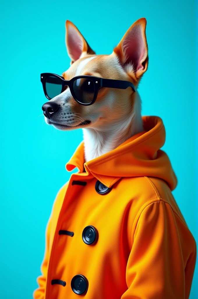 The best cell phone wallpaper, Award-Winning Wallpaper, portrait photography, In the front view is a portrait of a cute dog wearing mid-1960s space age fashion, Side view photo, Shot with Canon EOS R5, Set a strong contrast that accentuates the subject, Fluorescent blue tone, Wearing a very modern coat and sunglasses is a modern 1960s style, Clothes all in one color, beautiful background