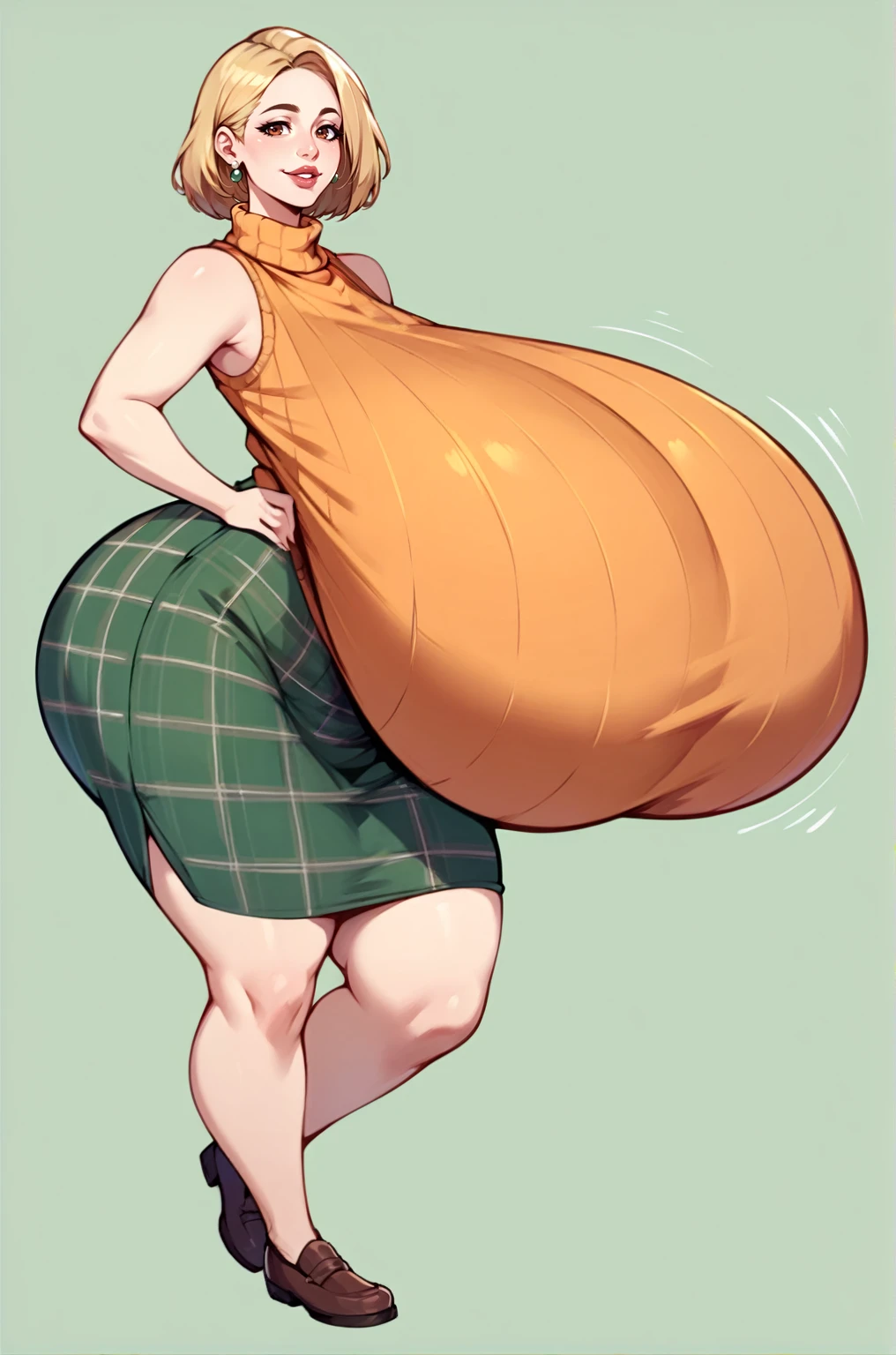 score_9, score_8_up, score_7_up, score_6_up, score_5_up, score_4_up, solo, thicc Ashely Graham from resident evil 4, ((mature mom)), short blonde hair, brown eyes, ((orange sleeveless turtleneck sweater with a burgundy sweater around her neck)), green plaid skirt, big thick full lips, ((pouted lips)), ((squinting eyes)), ((full body)), ((NSFW)), sexy, seductive, alluring, cute smile, joyful, (((fetish: breasts expansion))), (((gigantic breasts))), sagging long breasts, wide hips, thick thighs, huge ass