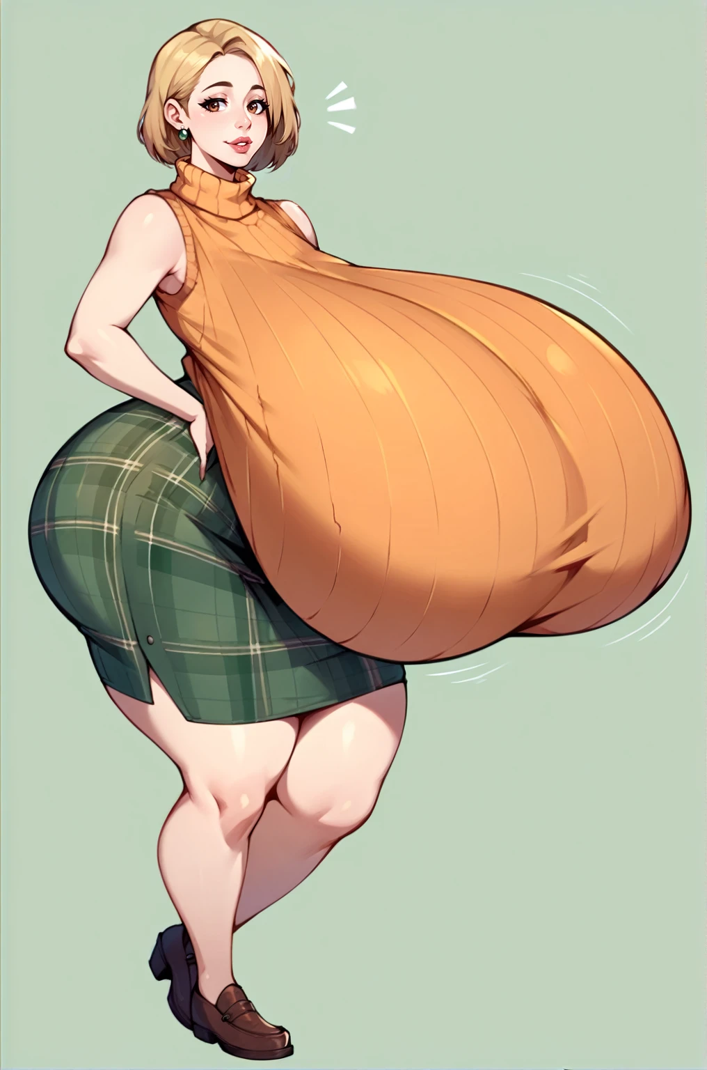 score_9, score_8_up, score_7_up, score_6_up, score_5_up, score_4_up, solo, thicc Ashely Graham from resident evil 4, ((mature mom)), short blonde hair, brown eyes, ((orange sleeveless turtleneck sweater with a burgundy sweater around her neck)), green plaid skirt, big thick full lips, ((pouted lips)), ((squinting eyes)), ((full body)), ((NSFW)), sexy, seductive, alluring, cute smile, joyful, (((fetish: breasts expansion))), (((gigantic breasts))), sagging long breasts, wide hips, thick thighs, huge ass