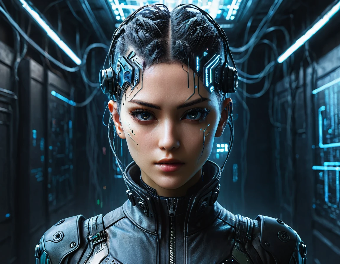 electrifying image, cyberpunk world, an action-packed hacker girl wearing a futuristic bodysuit, connected to a futuristic wired holographic interface, no processo de hacking, a dystopian machine structure with wires is connected to his head, connected to the network, neon lights, cascading lines of code, and futuristic technology in the background, bold high-tech atmosphere, causing chaos in the corporate network, glitches, alarms, and digital distortions emanating from the breached system, police officers around her, assalto cyberpunk, hacker cyberpunk, Digital underworld