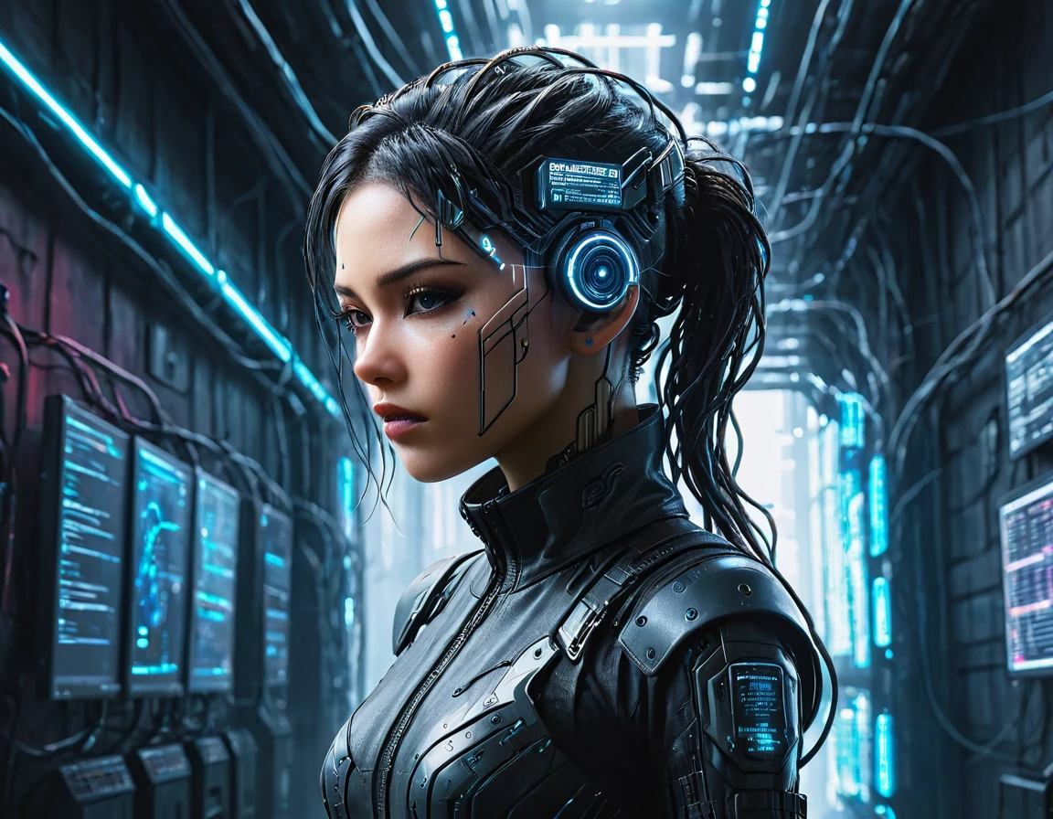 electrifying image, cyberpunk world, an action-packed hacker girl wearing a futuristic bodysuit, connected to a futuristic wired holographic interface, no processo de hacking, a dystopian machine structure with wires is connected to his head, connected to the network, neon lights, cascading lines of code, and futuristic technology in the background, bold high-tech atmosphere, causing chaos in the corporate network, glitches, alarms, and digital distortions emanating from the breached system, police officers around her, assalto cyberpunk, hacker cyberpunk, Digital underworld