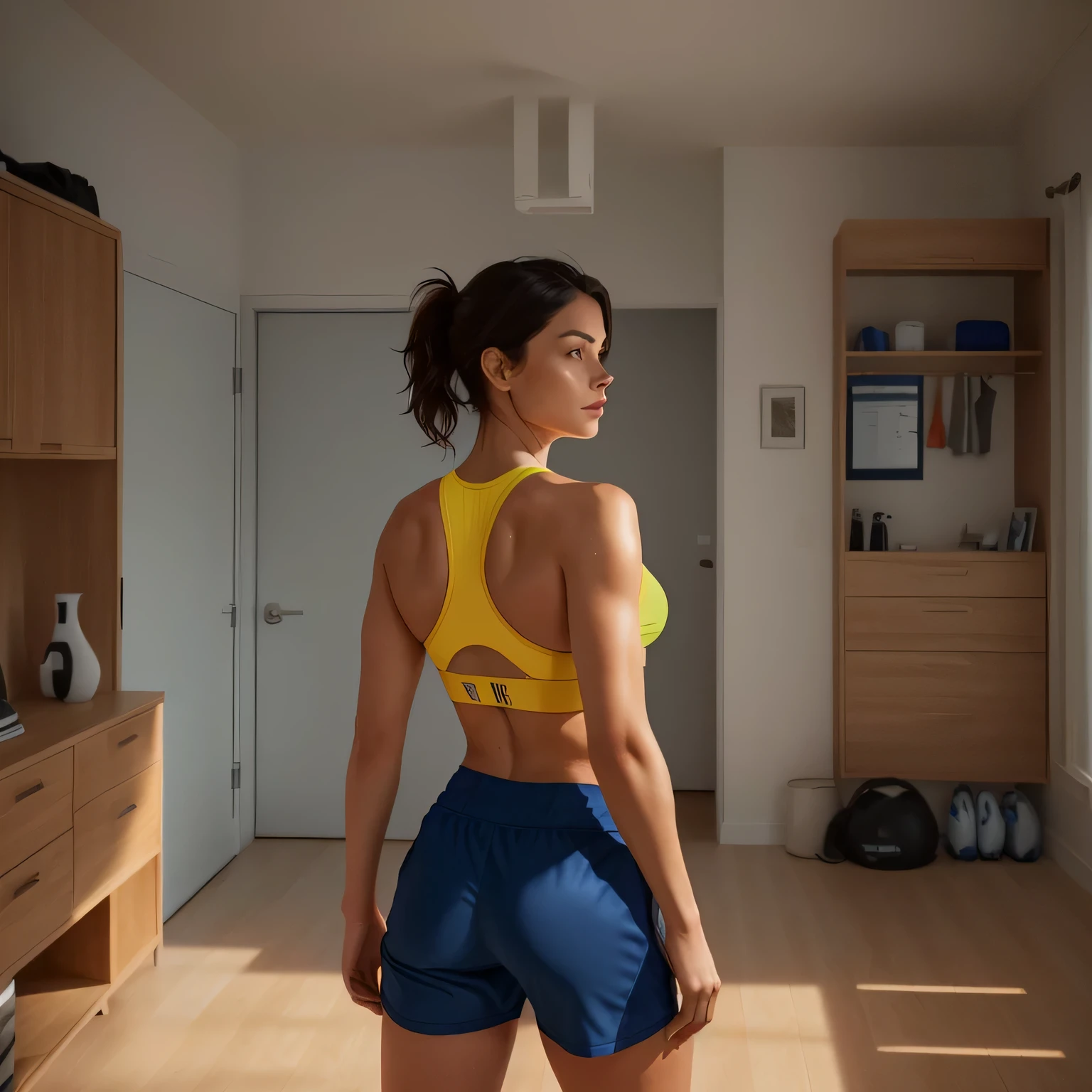 there is a woman in a sports bra top and shorts standing in a room, sport bra and dark blue shorts, sport bra and shorts, back pose, view from the back, fit girl, toned derriere, fit woman, from the back, view from behind, sweaty 4 k, standing athletic pose, sporty physique, fit curvy physique, fit body. There is a 45-year-old woman, 165 cm tall and weighing 55 kg, HD, photography, realistic, 8k, RAW photo, natural lighting, sharp, detailed and realistic portrait of a woman, perfect mouth, perfect face.