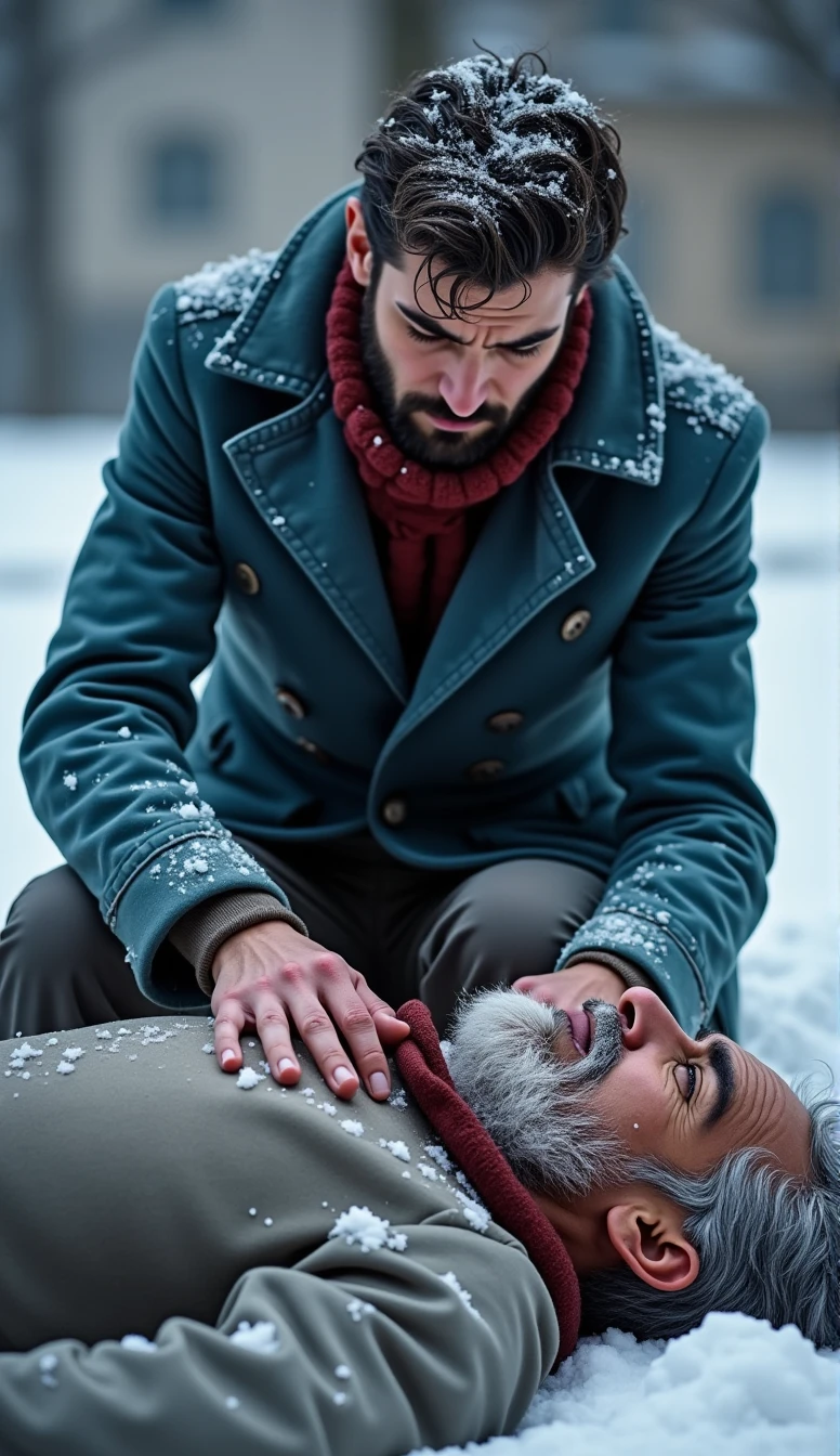 a 21-year-old young rich man with a small beard and big mustache wearing a very lush bluish pent coat and a red muffler, outside the mansion boundary, sitting and looking down sorrowfully at the lifeless body of An extremely poor 70-year-old man with black oil marks on his dirty face and unmaintained beard, hair and nails are very dirty wearing a torn plain single grey shirt that barely covers his body, young man having hands on the poor old man’s body with regret crying heavily with tears coming out. Snow is still falling around them.