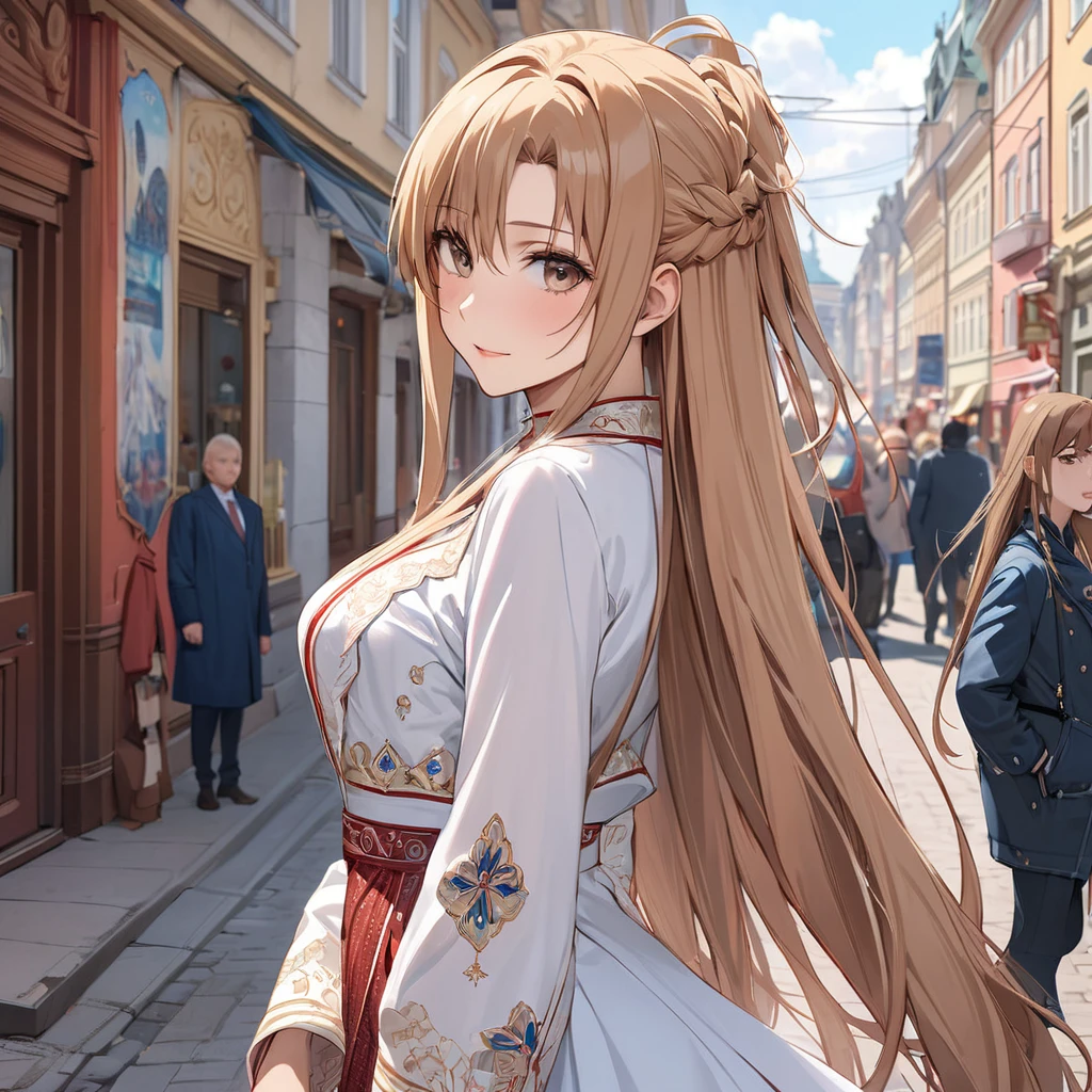 ((Highest quality)), ((masterpiece)), (detailed), （Perfect Face）、The woman is Yuuki Asuna, a Russian with light brown, semi-long hair.、In the streets of Russia, women are beautifully dressed in everyday Russian clothing and luxurious accessories.