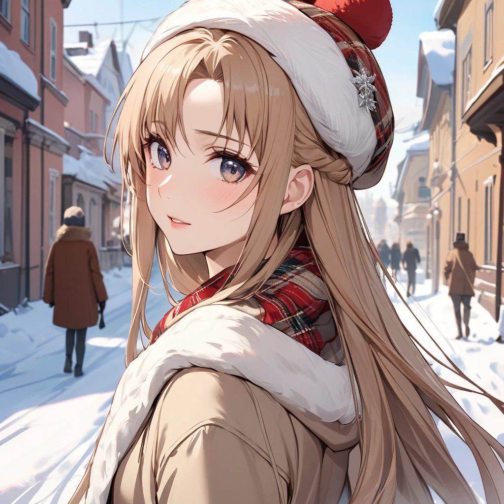 ((Highest quality)), ((masterpiece)), (detailed), (Perfect Face)、The woman is Yuuki Asuna, a Russian with light brown, semi-long hair.、In a Russian city in winter, a woman is beautifully dressed in everyday Russian winter clothes, a Russian hat, and luxurious accessories.